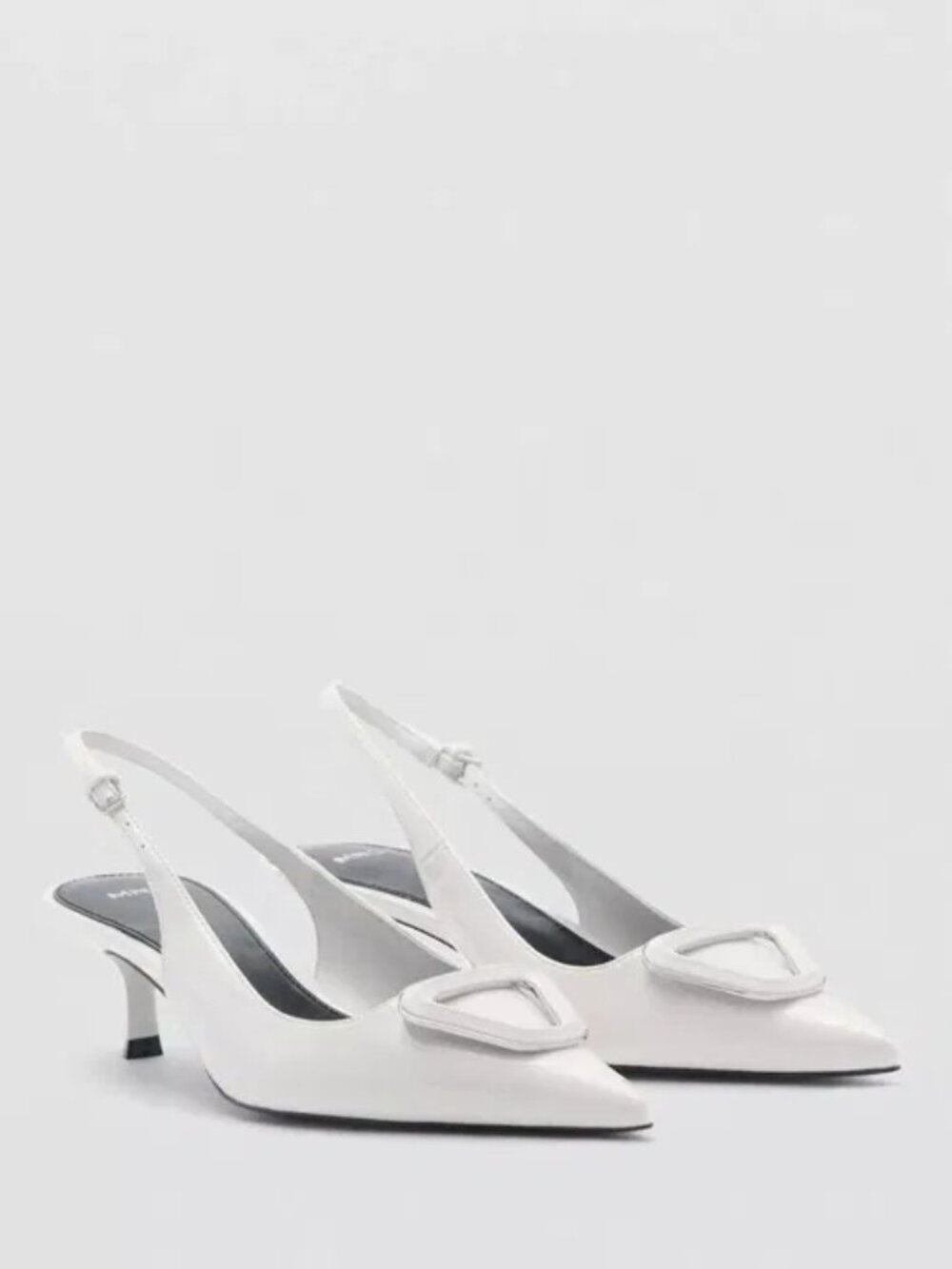 MANGO Branie White Pointed Low Kitten Heel Slingback Patent Leather Buckle